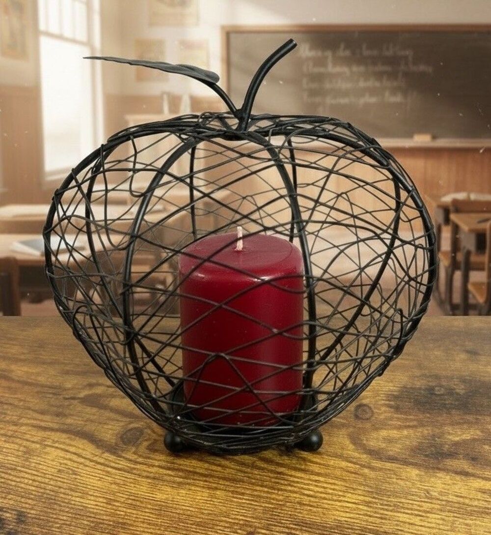 Vintage Black Wire Apple Candle Holder Teacher Fall Gift Farmhouse Decor 7 inch